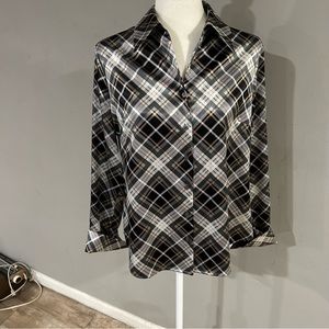 Y2K Plaid Satiny Shirt Button Up Essentials Womens Large Long Sleeve